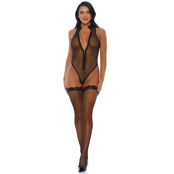 Sheer Micro Net Teddy with Zipper Front Mock Neck - Picture 3 of 6